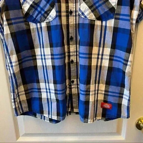 Dickie’s Button Front Shirt Short Sleeves Blue Grey White Plaid Boys Large - Picture 6 of 14